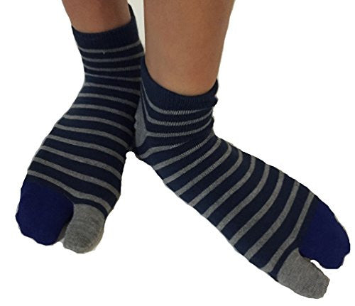 Tabi Socks- Comfortable Soft Dark Blue/Gray Stripes Pattern Ankle-High Toe Socks