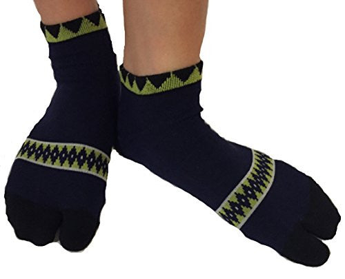 Tabi Socks- Comfortable Soft Dark Blue/Lime Green Diamond Pattern Ankle-High Toe Socks